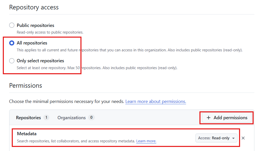 Select permissions for fine-grained token