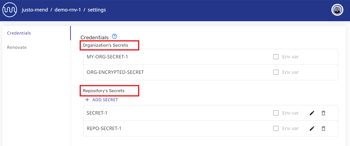 Organization and repository secrets on the credentials settings page
