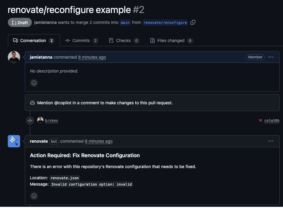 A view of a GitHub Pull Request, showing a commit that breaks the build, with a red status check next to the commit, and a comment from Renovate below noting that the configuration is broken, as it has an invalid configuration option