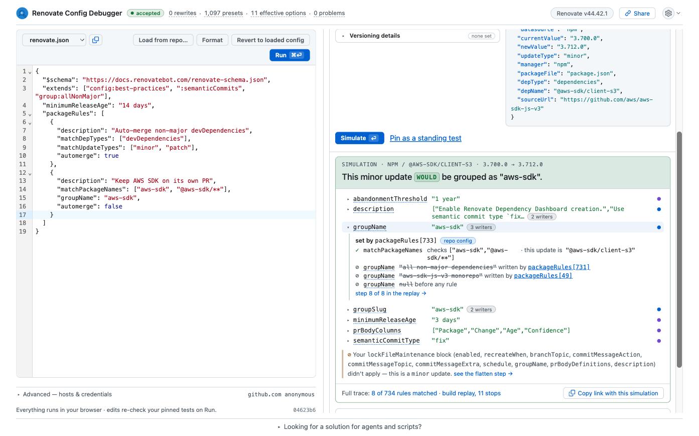 Renovate Config Debugger simulating a minor update of @aws-sdk/client-s3 and showing which packageRules set groupName